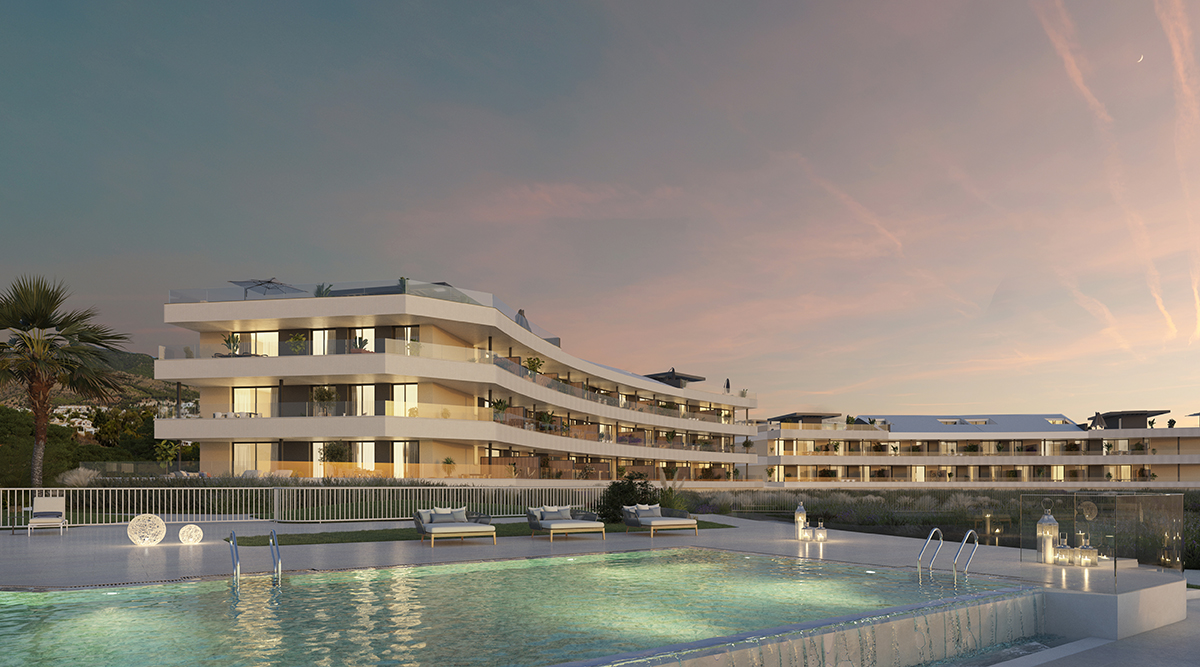 74 bostäder med 2 och 3 sovrum med garage och förråd i Benalmádena, Malaga